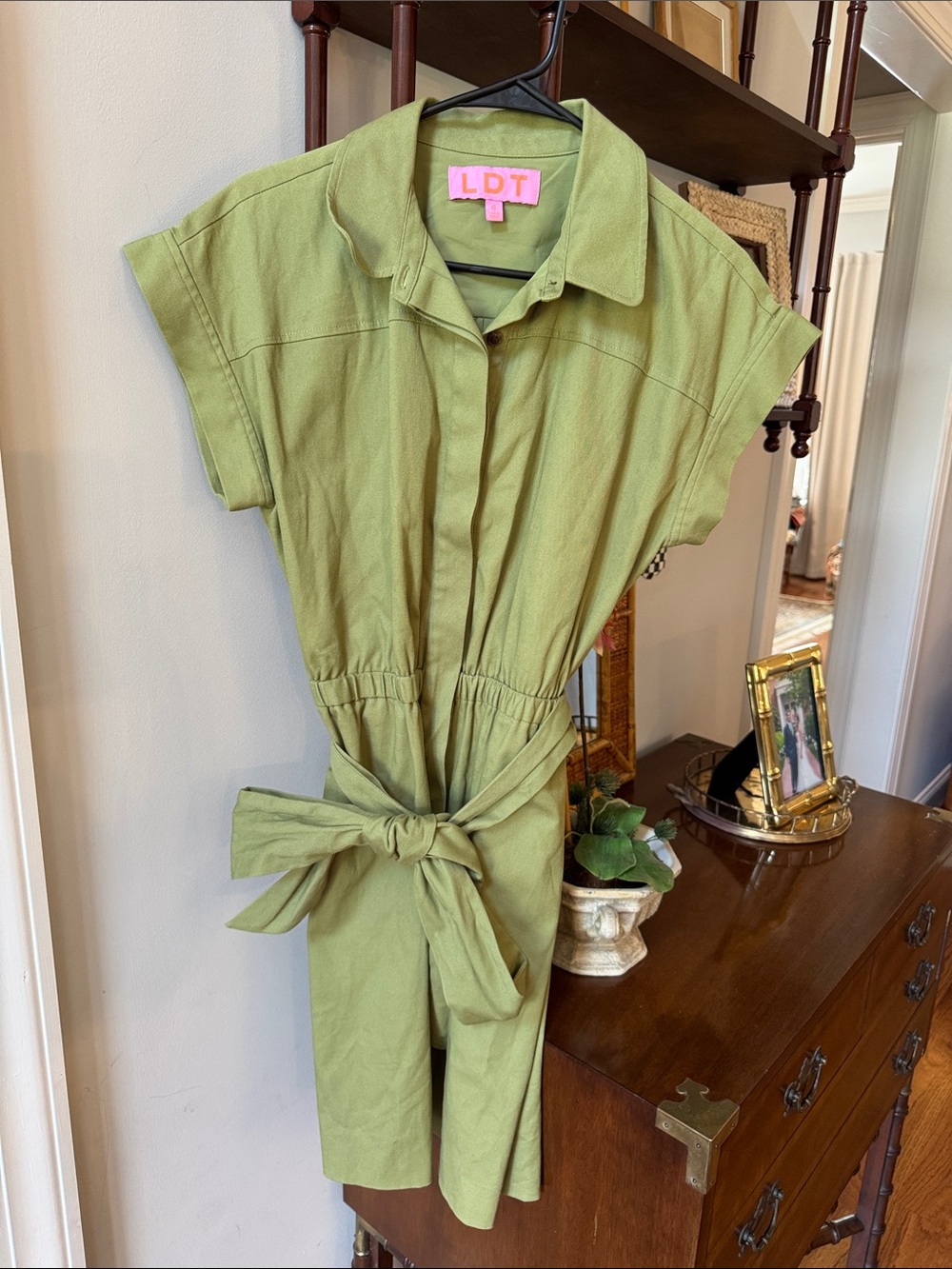 Womens LDT Olive Green BUTTON DOWN DRESS with Waist Tie